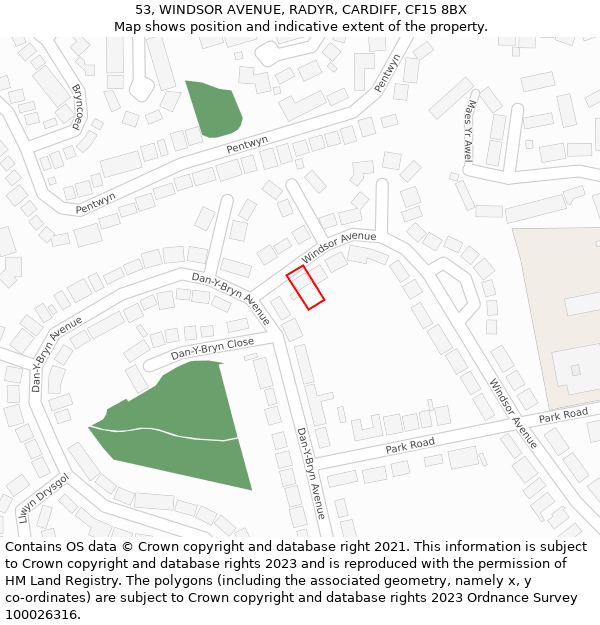53, WINDSOR AVENUE, RADYR, CARDIFF, CF15 8BX: Location map and indicative extent of plot