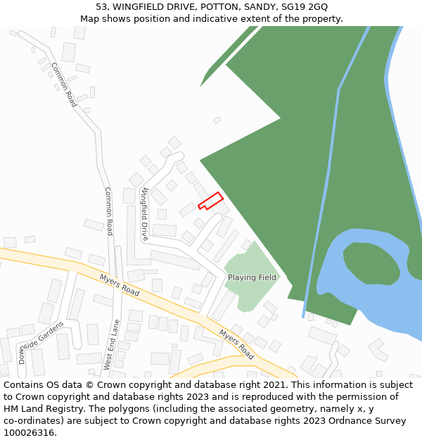 53, WINGFIELD DRIVE, POTTON, SANDY, SG19 2GQ: Location map and indicative extent of plot