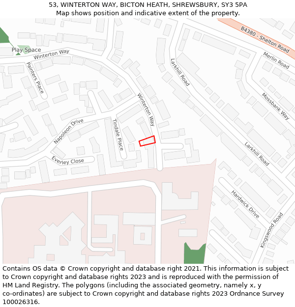 53, WINTERTON WAY, BICTON HEATH, SHREWSBURY, SY3 5PA: Location map and indicative extent of plot