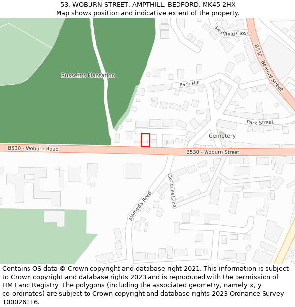 53, WOBURN STREET, AMPTHILL, BEDFORD, MK45 2HX: Location map and indicative extent of plot