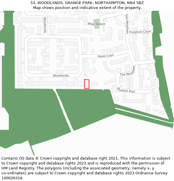53, WOODLANDS, GRANGE PARK, NORTHAMPTON, NN4 5BZ: Location map and indicative extent of plot