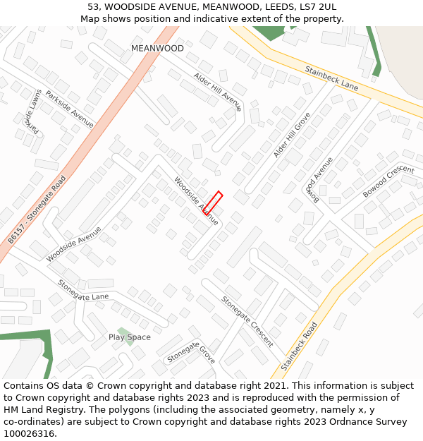 53, WOODSIDE AVENUE, MEANWOOD, LEEDS, LS7 2UL: Location map and indicative extent of plot