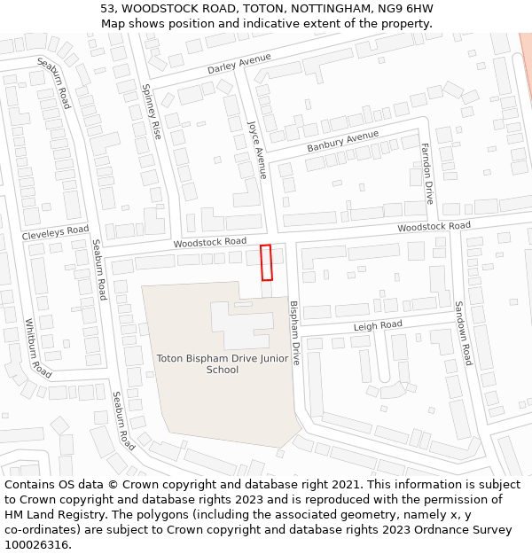 53, WOODSTOCK ROAD, TOTON, NOTTINGHAM, NG9 6HW: Location map and indicative extent of plot