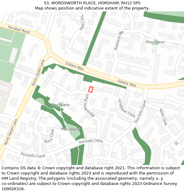 53, WORDSWORTH PLACE, HORSHAM, RH12 5PS: Location map and indicative extent of plot