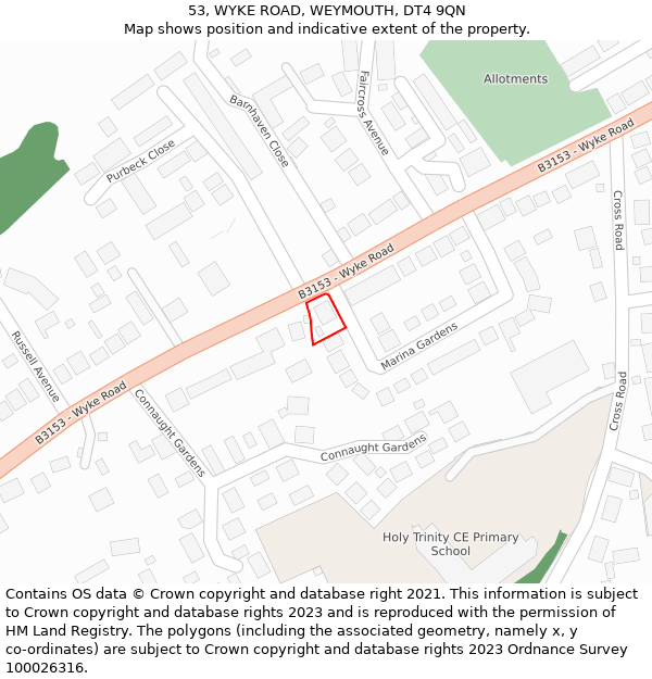 53, WYKE ROAD, WEYMOUTH, DT4 9QN: Location map and indicative extent of plot