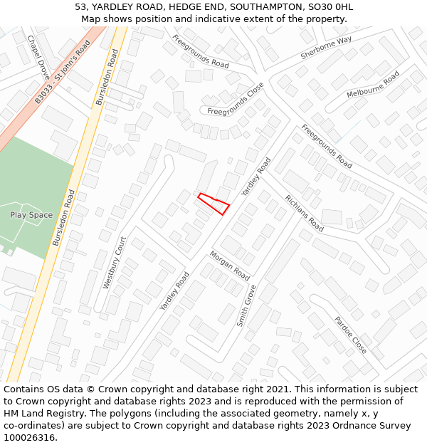 53, YARDLEY ROAD, HEDGE END, SOUTHAMPTON, SO30 0HL: Location map and indicative extent of plot