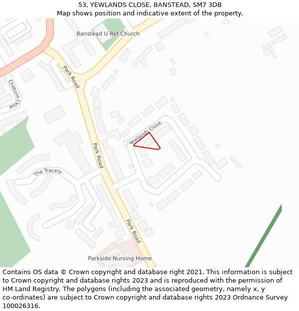 53, YEWLANDS CLOSE, BANSTEAD, SM7 3DB: Location map and indicative extent of plot