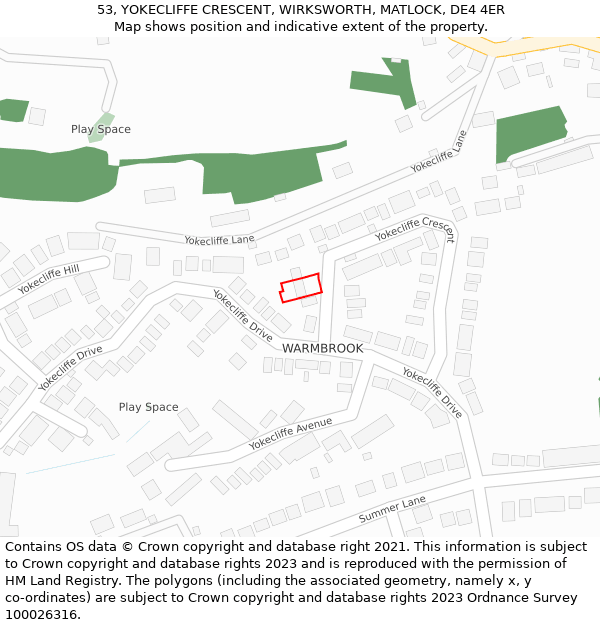 53, YOKECLIFFE CRESCENT, WIRKSWORTH, MATLOCK, DE4 4ER: Location map and indicative extent of plot