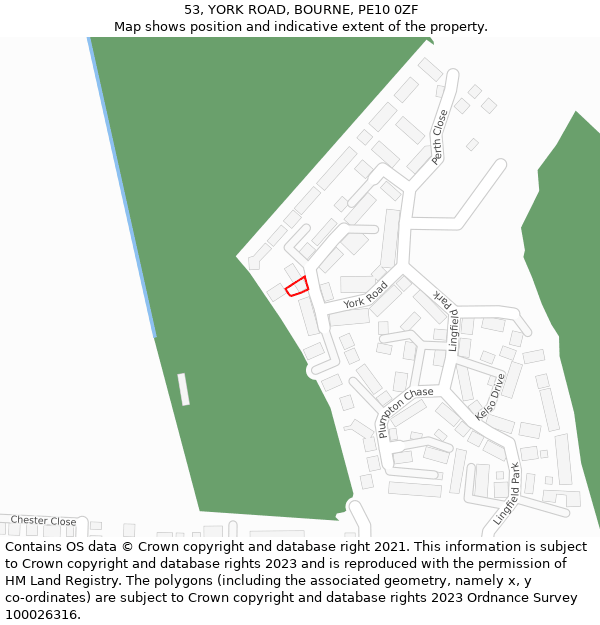 53, YORK ROAD, BOURNE, PE10 0ZF: Location map and indicative extent of plot