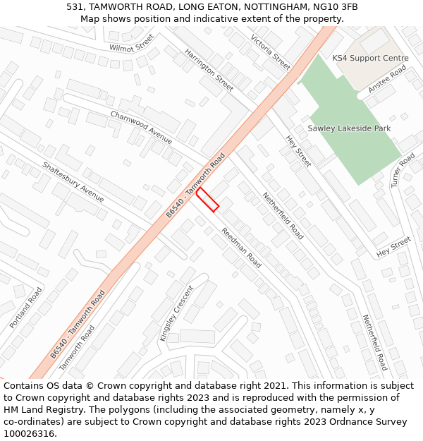 531, TAMWORTH ROAD, LONG EATON, NOTTINGHAM, NG10 3FB: Location map and indicative extent of plot