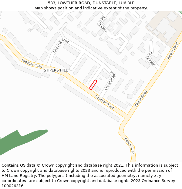 533, LOWTHER ROAD, DUNSTABLE, LU6 3LP: Location map and indicative extent of plot