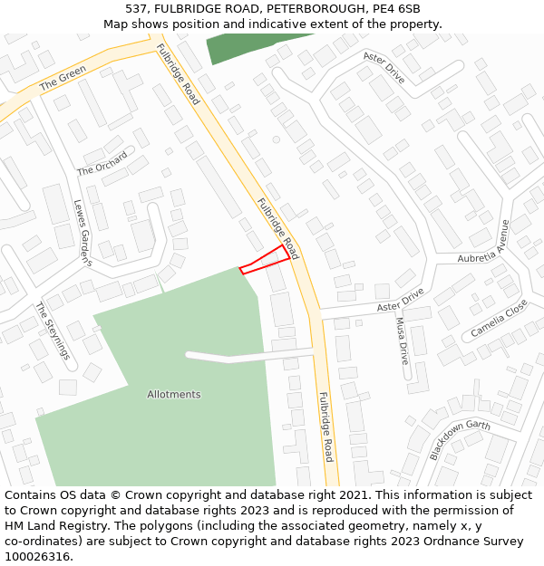 537, FULBRIDGE ROAD, PETERBOROUGH, PE4 6SB: Location map and indicative extent of plot