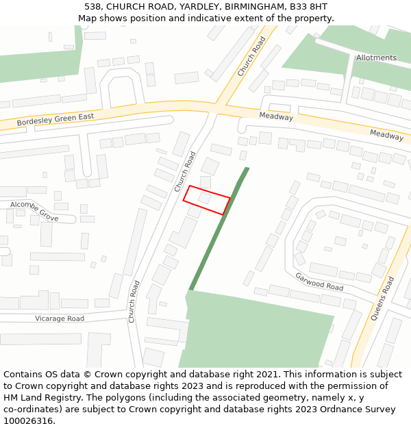 538, CHURCH ROAD, YARDLEY, BIRMINGHAM, B33 8HT: Location map and indicative extent of plot