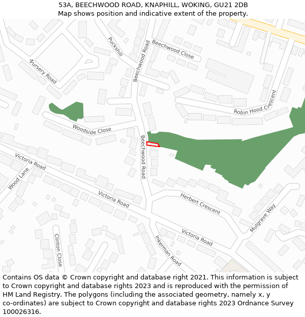 53A, BEECHWOOD ROAD, KNAPHILL, WOKING, GU21 2DB: Location map and indicative extent of plot