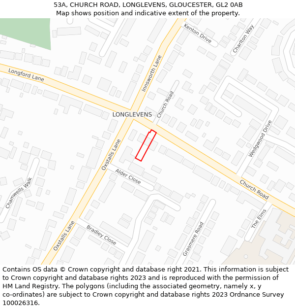 53A, CHURCH ROAD, LONGLEVENS, GLOUCESTER, GL2 0AB: Location map and indicative extent of plot