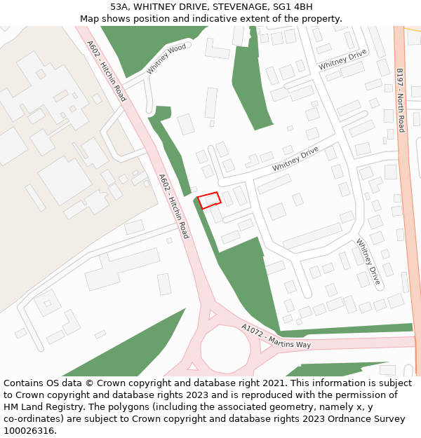 53A, WHITNEY DRIVE, STEVENAGE, SG1 4BH: Location map and indicative extent of plot