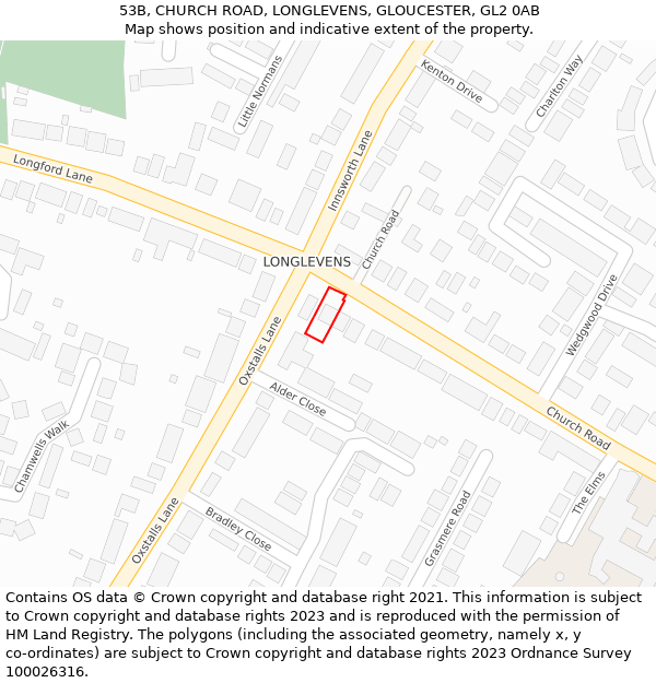 53B, CHURCH ROAD, LONGLEVENS, GLOUCESTER, GL2 0AB: Location map and indicative extent of plot