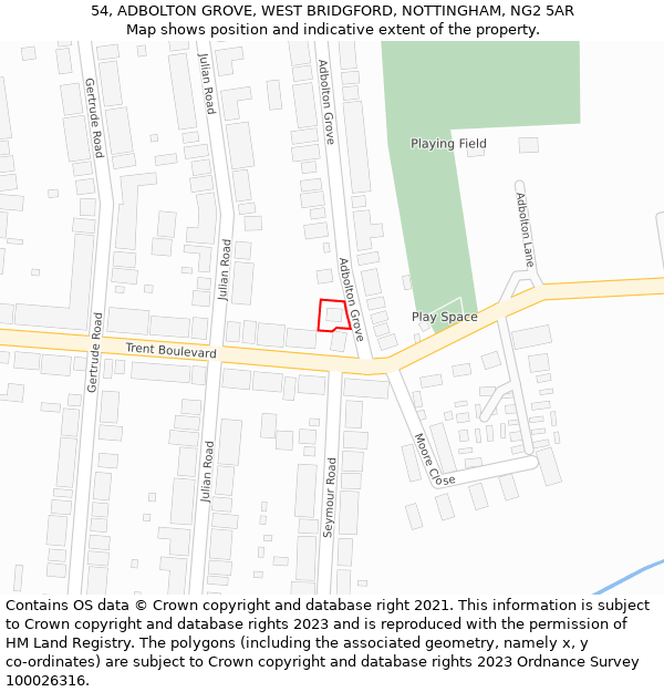 54, ADBOLTON GROVE, WEST BRIDGFORD, NOTTINGHAM, NG2 5AR: Location map and indicative extent of plot