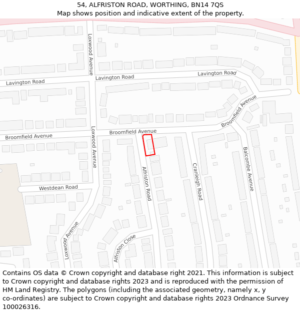 54, ALFRISTON ROAD, WORTHING, BN14 7QS: Location map and indicative extent of plot