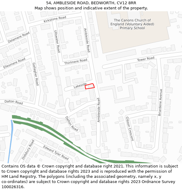 54, AMBLESIDE ROAD, BEDWORTH, CV12 8RR: Location map and indicative extent of plot