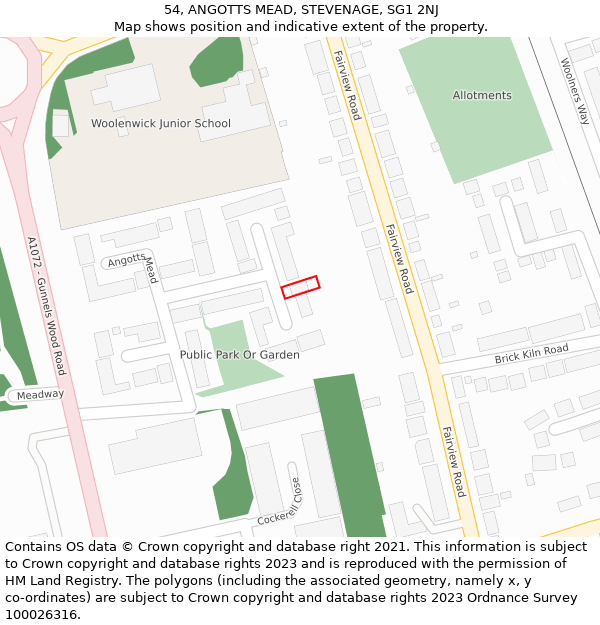 54, ANGOTTS MEAD, STEVENAGE, SG1 2NJ: Location map and indicative extent of plot