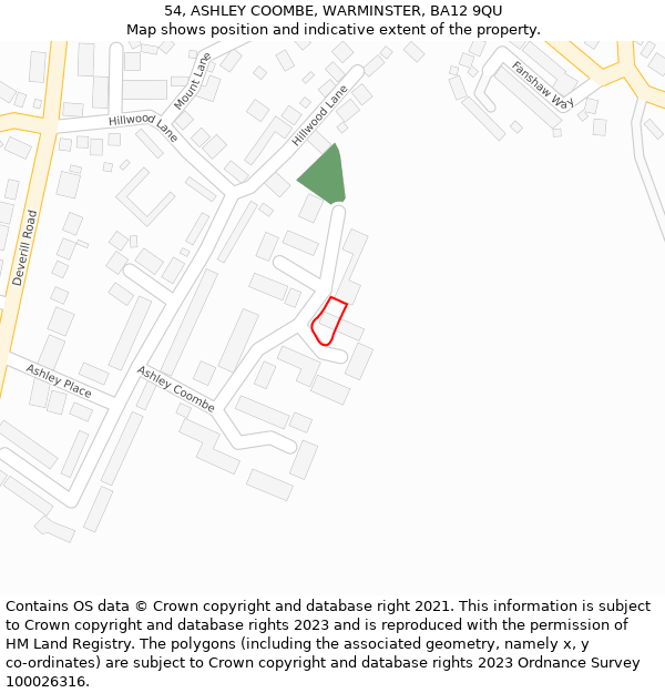 54, ASHLEY COOMBE, WARMINSTER, BA12 9QU: Location map and indicative extent of plot