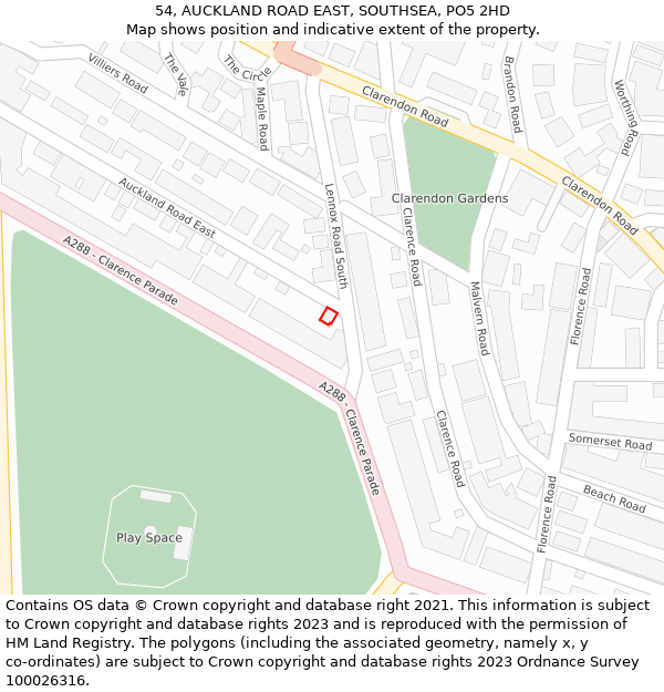 54, AUCKLAND ROAD EAST, SOUTHSEA, PO5 2HD: Location map and indicative extent of plot