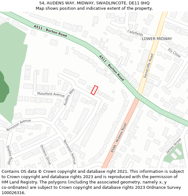 54, AUDENS WAY, MIDWAY, SWADLINCOTE, DE11 0HQ: Location map and indicative extent of plot