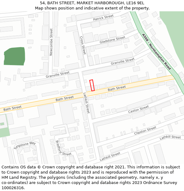 54, BATH STREET, MARKET HARBOROUGH, LE16 9EL: Location map and indicative extent of plot