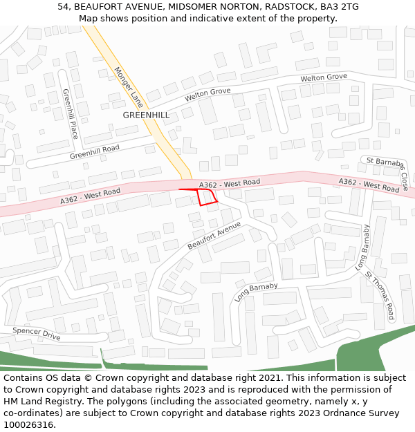 54, BEAUFORT AVENUE, MIDSOMER NORTON, RADSTOCK, BA3 2TG: Location map and indicative extent of plot