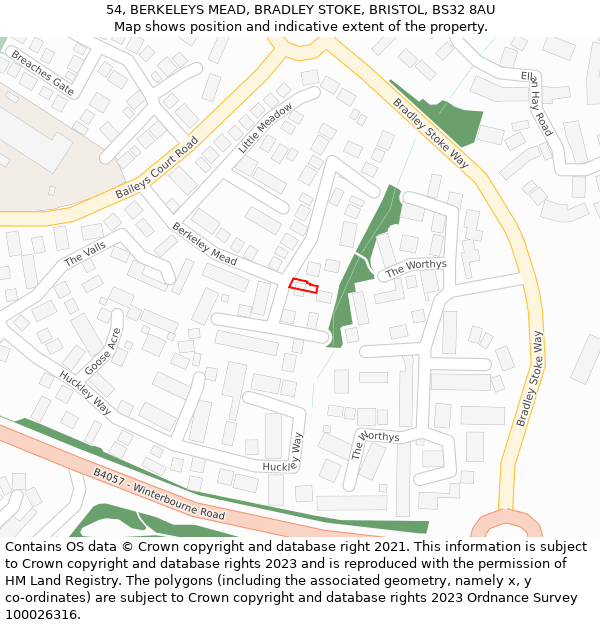 54, BERKELEYS MEAD, BRADLEY STOKE, BRISTOL, BS32 8AU: Location map and indicative extent of plot