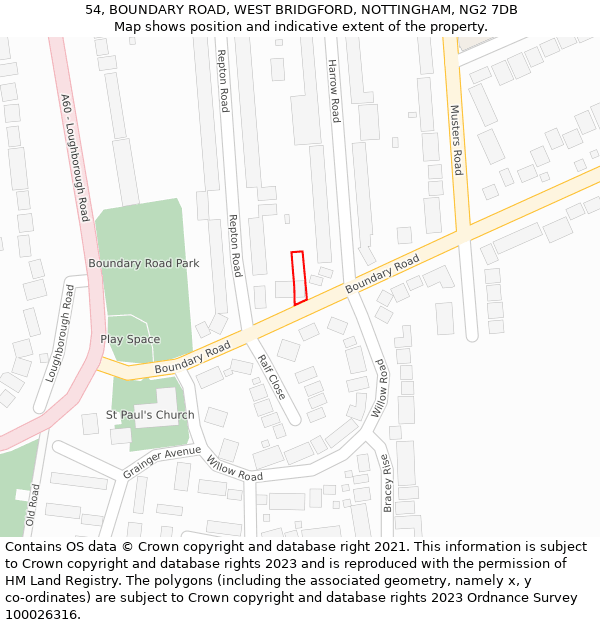 54, BOUNDARY ROAD, WEST BRIDGFORD, NOTTINGHAM, NG2 7DB: Location map and indicative extent of plot