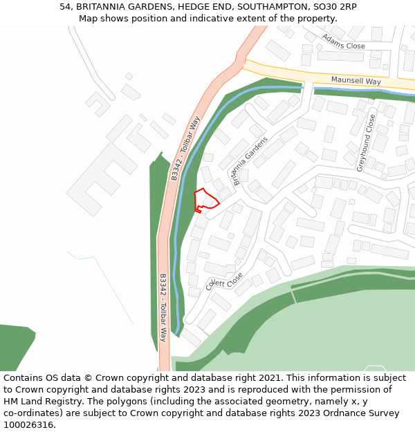 54, BRITANNIA GARDENS, HEDGE END, SOUTHAMPTON, SO30 2RP: Location map and indicative extent of plot