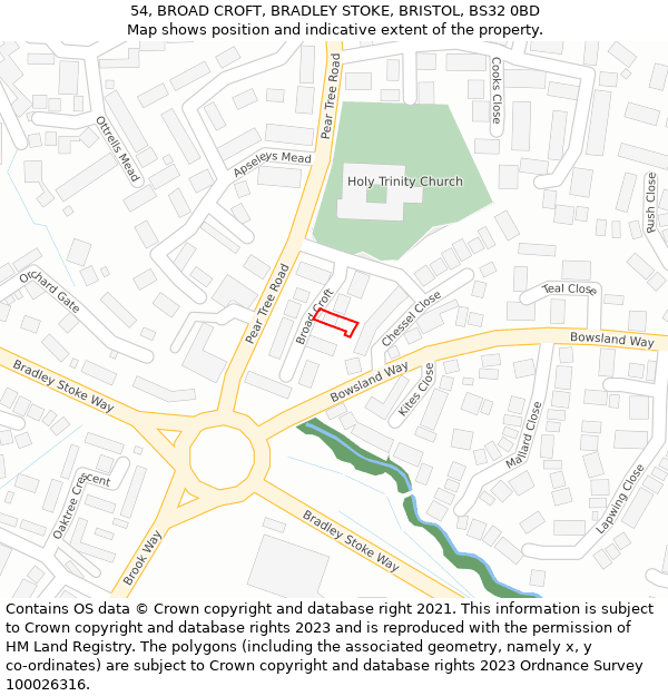 54, BROAD CROFT, BRADLEY STOKE, BRISTOL, BS32 0BD: Location map and indicative extent of plot