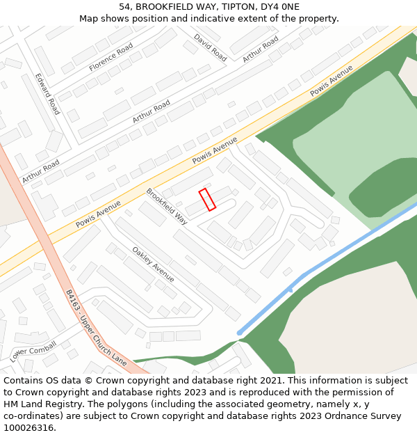 54, BROOKFIELD WAY, TIPTON, DY4 0NE: Location map and indicative extent of plot