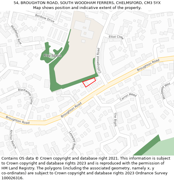 54, BROUGHTON ROAD, SOUTH WOODHAM FERRERS, CHELMSFORD, CM3 5YX: Location map and indicative extent of plot