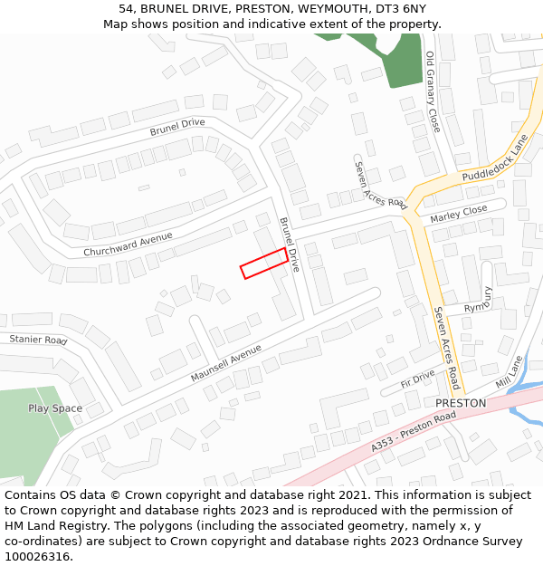 54, BRUNEL DRIVE, PRESTON, WEYMOUTH, DT3 6NY: Location map and indicative extent of plot