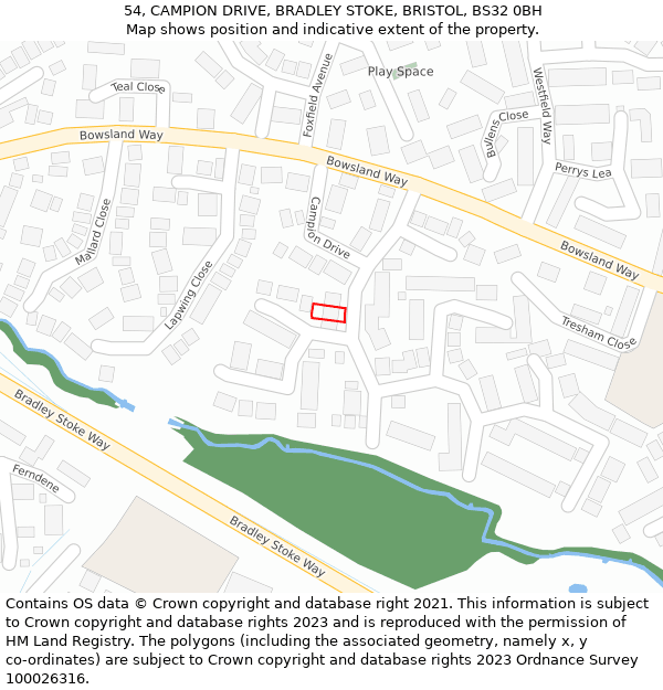 54, CAMPION DRIVE, BRADLEY STOKE, BRISTOL, BS32 0BH: Location map and indicative extent of plot