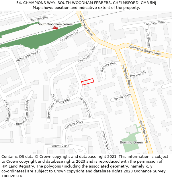 54, CHAMPIONS WAY, SOUTH WOODHAM FERRERS, CHELMSFORD, CM3 5NJ: Location map and indicative extent of plot