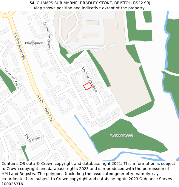 54, CHAMPS SUR MARNE, BRADLEY STOKE, BRISTOL, BS32 9BJ: Location map and indicative extent of plot