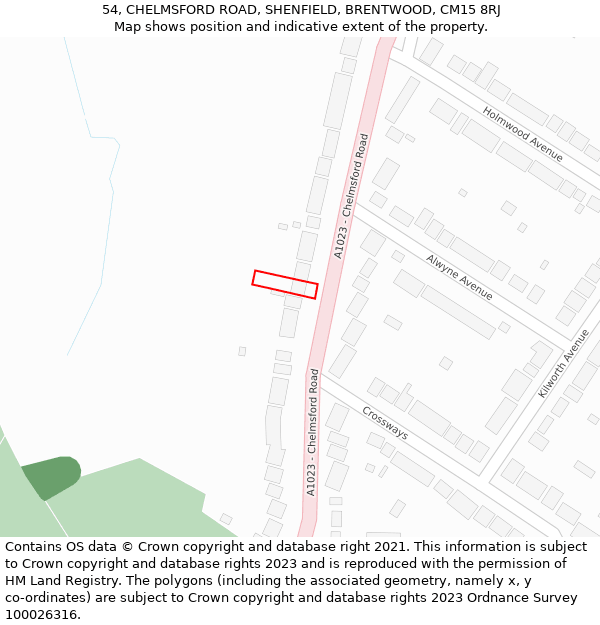 54, CHELMSFORD ROAD, SHENFIELD, BRENTWOOD, CM15 8RJ: Location map and indicative extent of plot