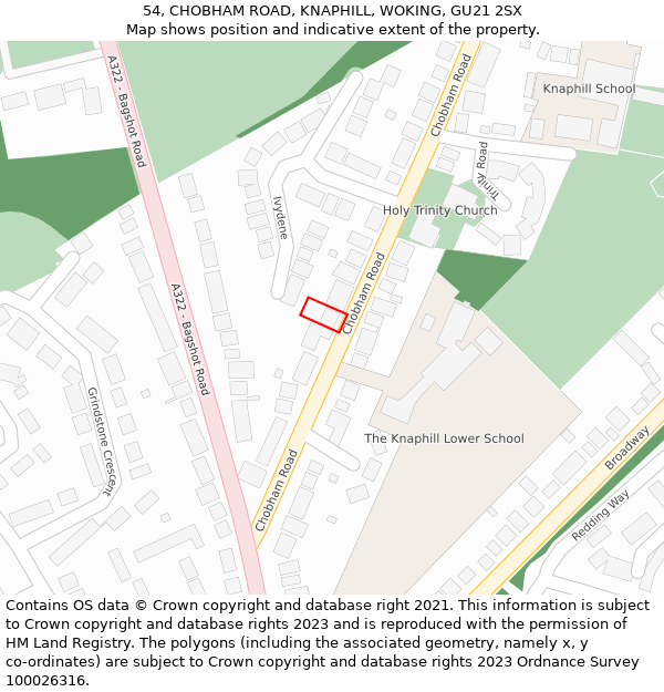 54, CHOBHAM ROAD, KNAPHILL, WOKING, GU21 2SX: Location map and indicative extent of plot