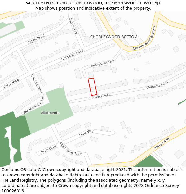 54, CLEMENTS ROAD, CHORLEYWOOD, RICKMANSWORTH, WD3 5JT: Location map and indicative extent of plot