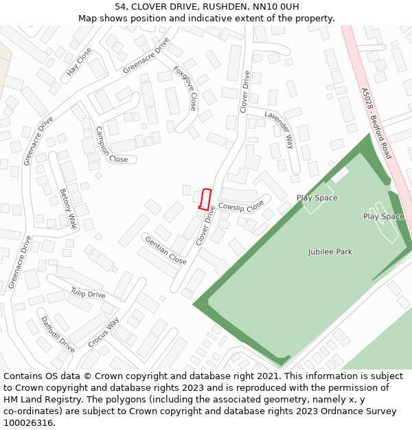 54, CLOVER DRIVE, RUSHDEN, NN10 0UH: Location map and indicative extent of plot