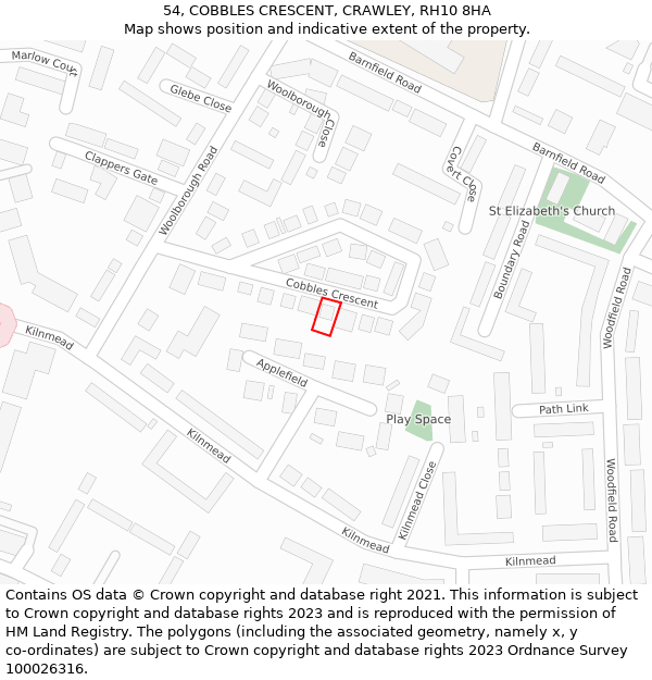 54, COBBLES CRESCENT, CRAWLEY, RH10 8HA: Location map and indicative extent of plot