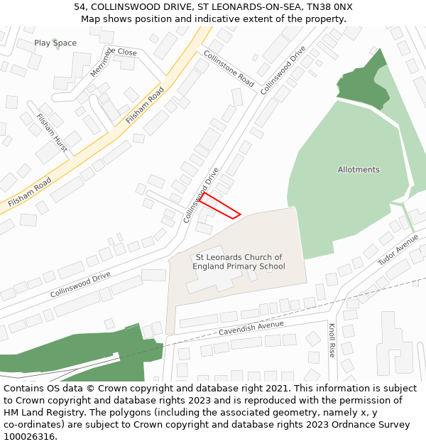 54, COLLINSWOOD DRIVE, ST LEONARDS-ON-SEA, TN38 0NX: Location map and indicative extent of plot