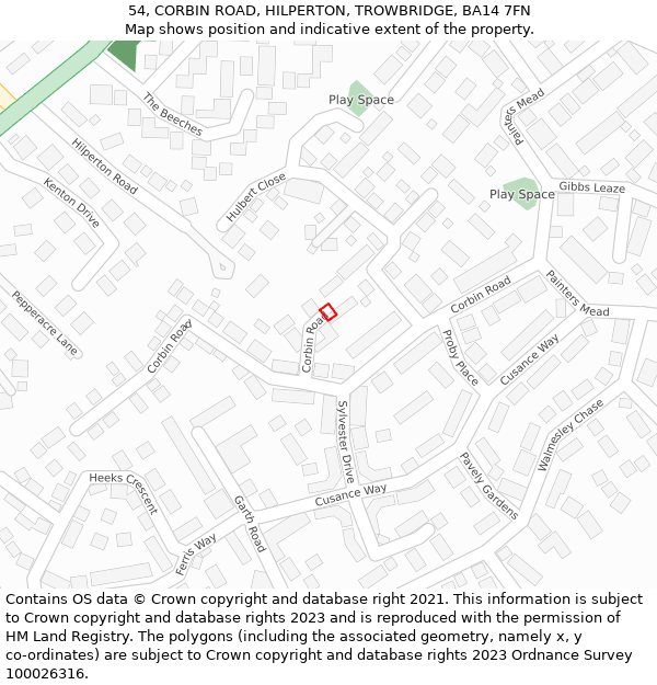 54, CORBIN ROAD, HILPERTON, TROWBRIDGE, BA14 7FN: Location map and indicative extent of plot