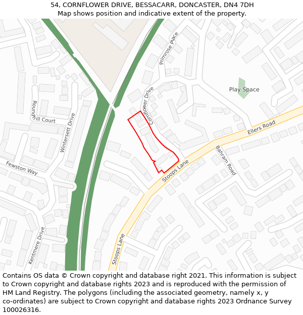 54, CORNFLOWER DRIVE, BESSACARR, DONCASTER, DN4 7DH: Location map and indicative extent of plot