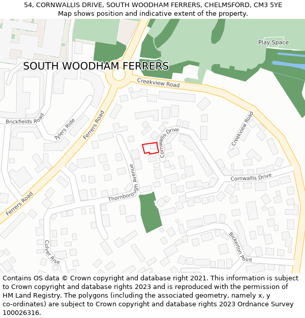 54, CORNWALLIS DRIVE, SOUTH WOODHAM FERRERS, CHELMSFORD, CM3 5YE: Location map and indicative extent of plot