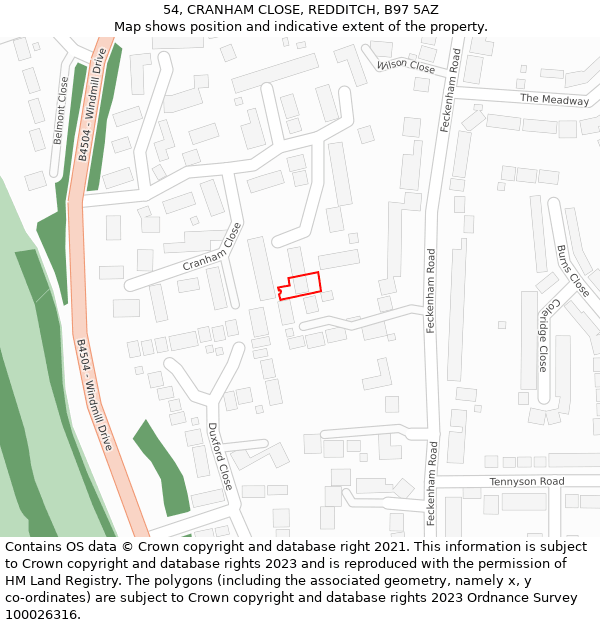 54, CRANHAM CLOSE, REDDITCH, B97 5AZ: Location map and indicative extent of plot